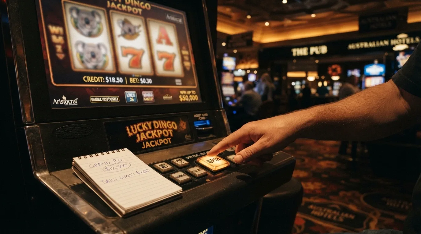A player's hand hovering over a pokie spin button, with a notepad beside the screen showing a loss-limit figure and a jackpot-type choice circled