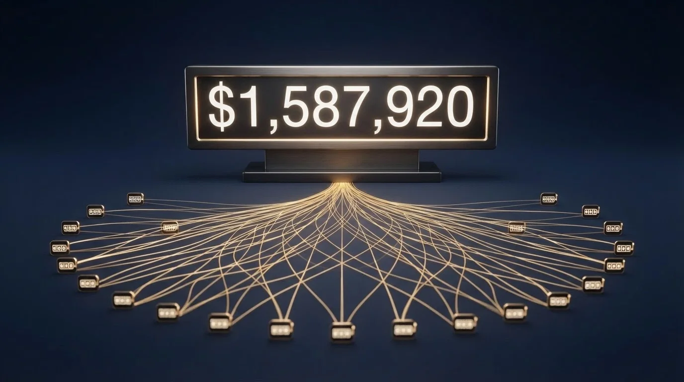 A digital display showing a progressive jackpot total climbing past seven figures, with multiple casino logos beneath it indicating the pooled network