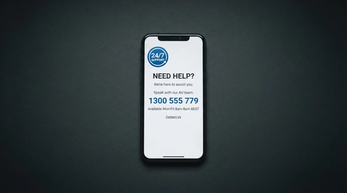 A phone screen showing the Gambling Help Online homepage and the 1800 858 858 number, with the 24/7 badge visible, set against a calm dark background